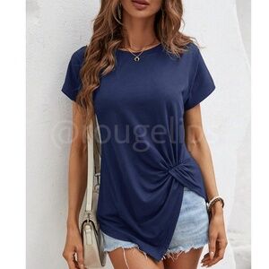 Twist Detail Blue Tee Shirt Short Sleeve Round Neck